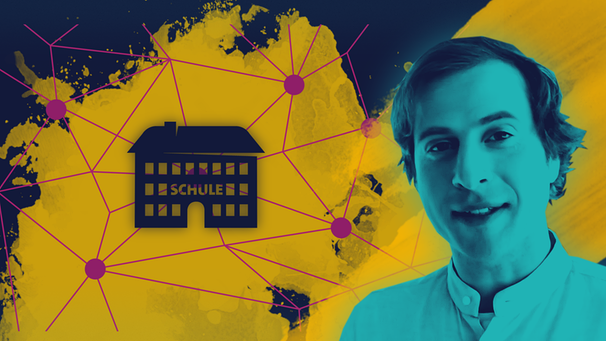 Moderator Fabian Mader, daneben eine Landkarte, ein Schulgebäude und miteinander verbundene Punkte. | Bild: BR, colourbox.com; Montage: BR